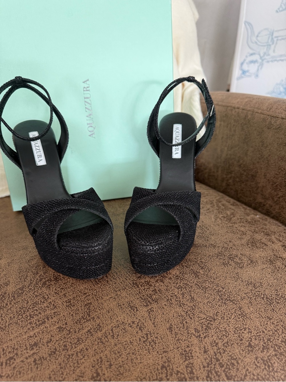Aquazzura Black Sparkle Platform Ankle-Strap Sandals